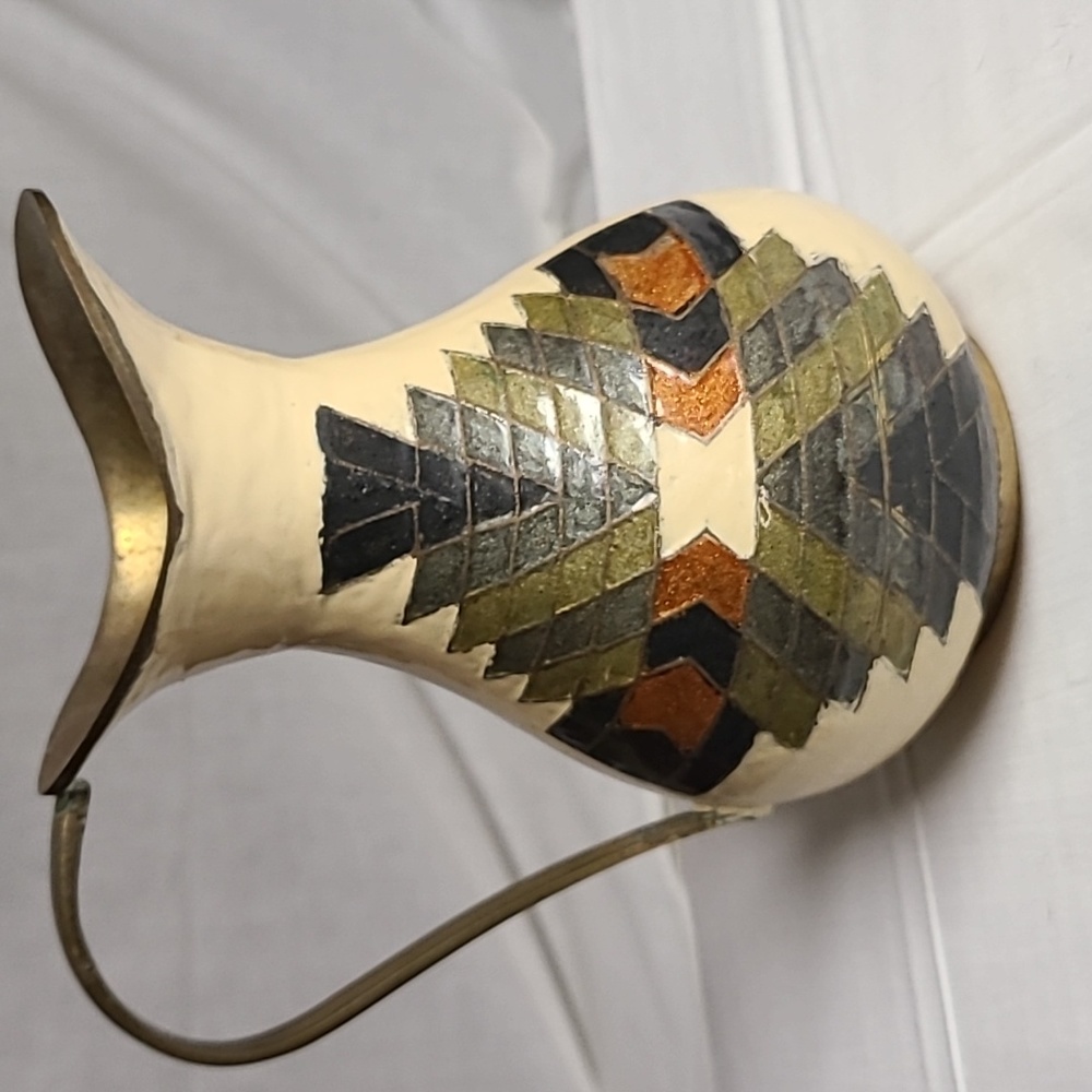 Mid-century Vintage Aztec Enamel Painted Solid Brass Pitcher
